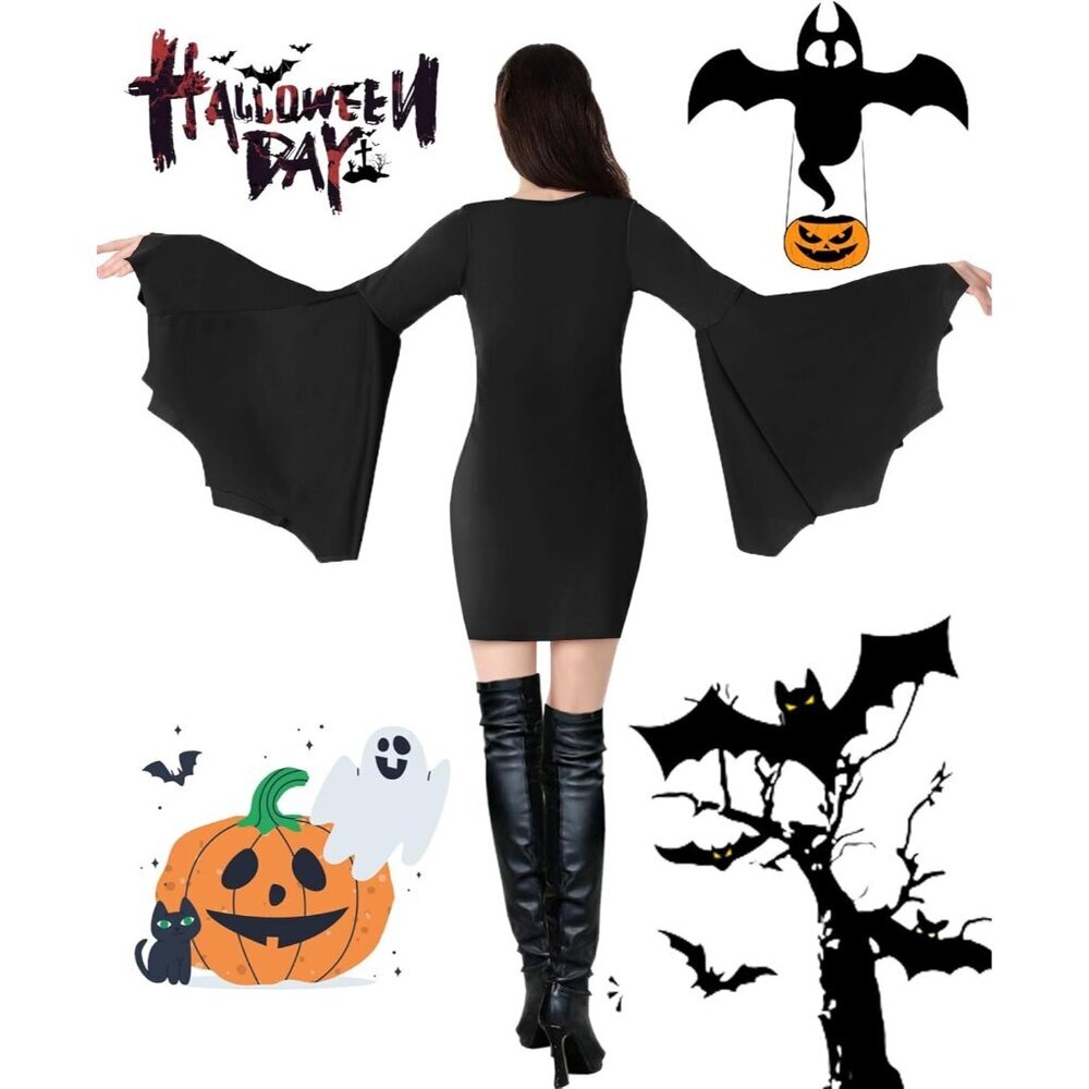Women's Black Halloween Long Wide Sleeves Addams Costume Wrap Gothic Witch Dress - Picture 4 of 6